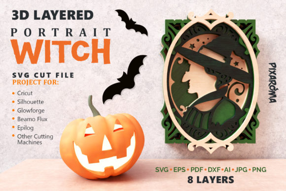 Witch Portrait 3D Layered SVG Cut File